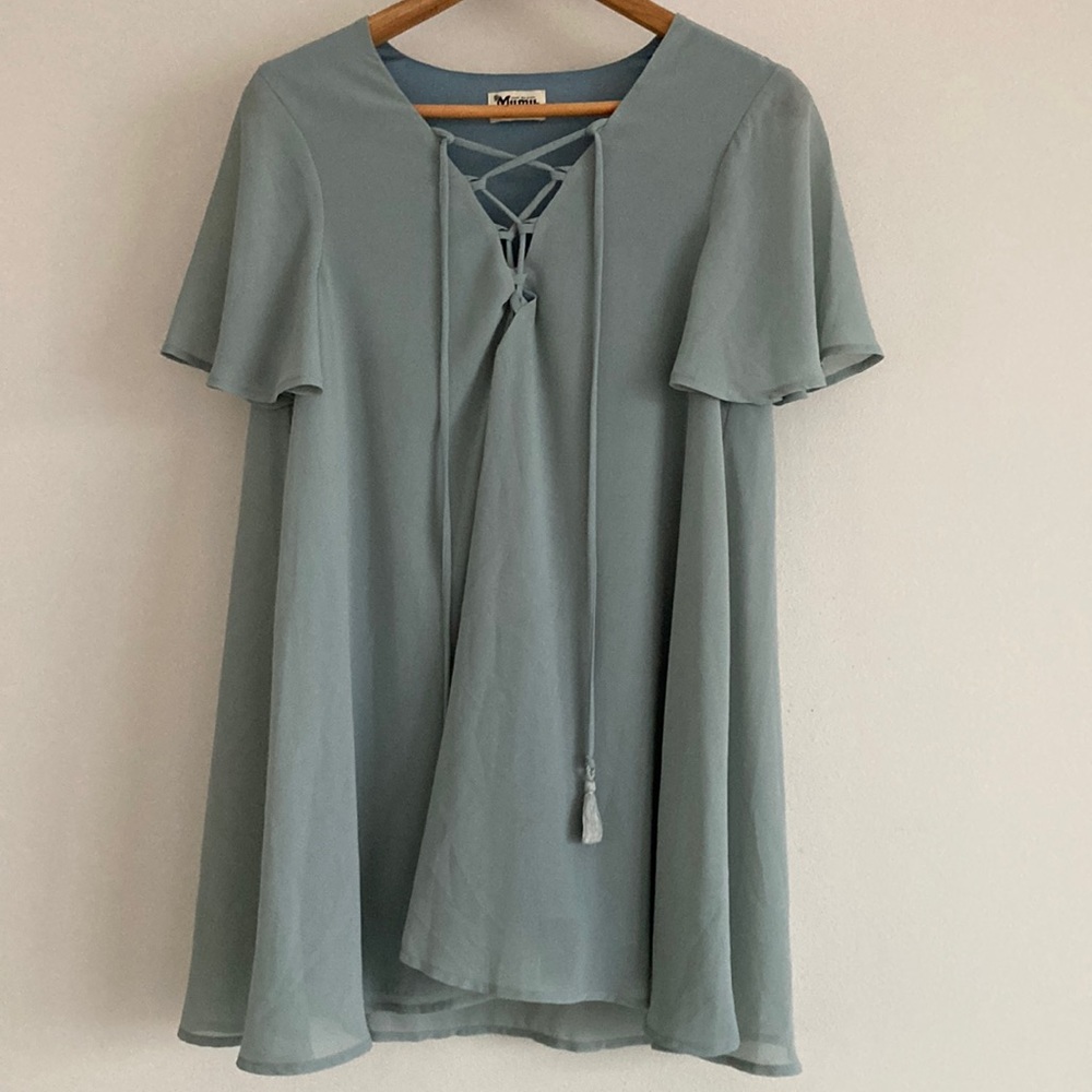 Show Me Your MUMU Rancho Vista Silver Sage Mini Lace Up Swing Dress- Size Small